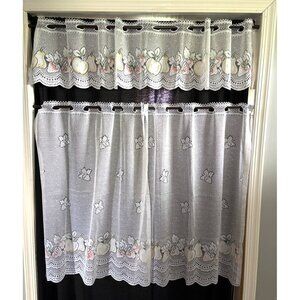 White Lace Kitchen Curtain Set with Fruit Pattern Valance & Tier  60" W x 12" L